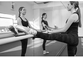 Two dancers are facing a mirrored wall, with hands resting on the barre and perfectly pointed left feet resting on the barre.