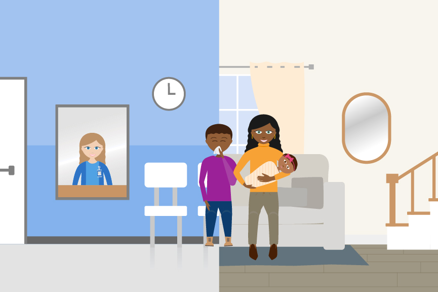 Visual of a family waiting in a waiting room versus waiting in a living room